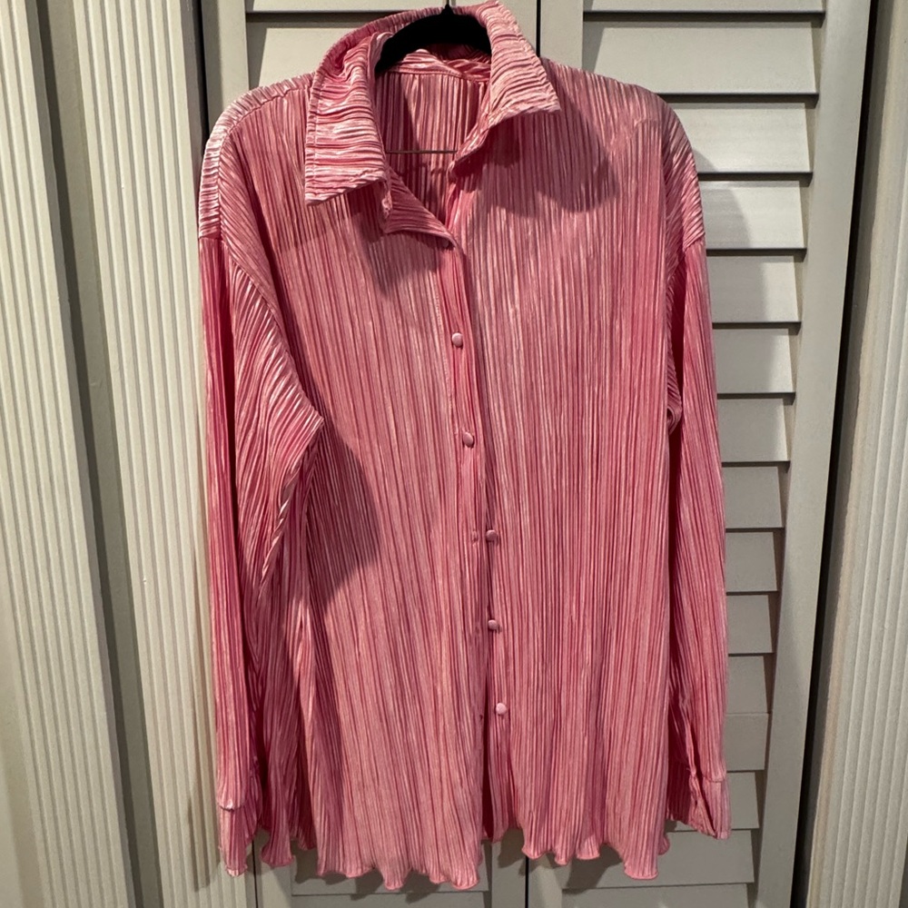Pink Pleated Button-Up Shirt